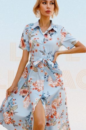 Print Turn-Down Collar Short Sleeved Long Dress Su