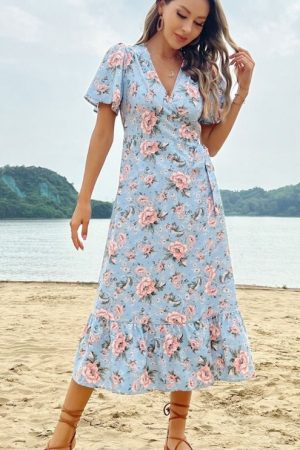 Printed Butterfly Fly Sleeve Hem A-Line Long Skirt