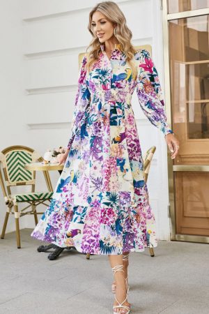 Puff Sleeve Print Women Shirt Dress Boho Elastic W