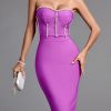Purple Womens Midi Bodycon Dress Elegant Crystal E