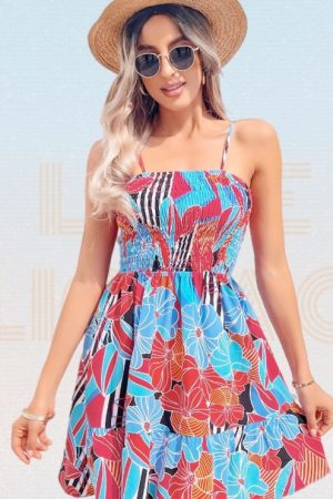 Random Floral Print Shirred Flared Hem Cami Dress