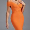 Ribbed Off Shoulder Orange Bodycon Dress Evening P