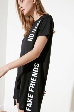 Ribbon Detail Printed Boyfriend Knitted T-Shirt Tw