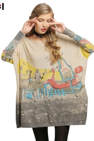 Romantic Love Story Print Knitted Sweater Women Ov