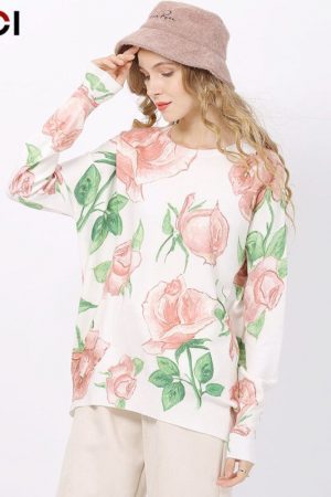 Rose Floral Print Knitted Sweater For Women Winter