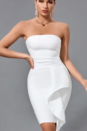 Ruffle Women White Elegant Evening Party Dress Hig