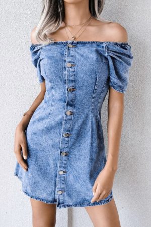 Slash Neck Denim Dress High Waist Vintage Women Su