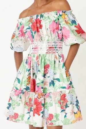 Slash Neck Print Slim Dress Puff Sleeve Mini Dress
