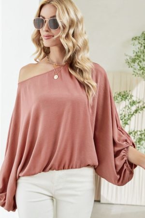 Solid Leaky Shoulder Loose Batwing Sleeve Casual C