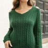 Solid Off-Shoulder Cable Knit Sweater Women Green