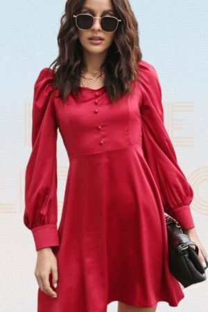 Solid Puff Sleeve Fake Button Flared Hem Satin Dre