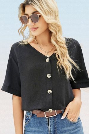 Solid Single Breasted Half Sleeve Casual Shirts Wo