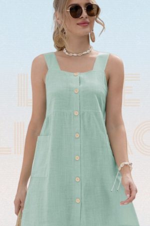 Solid Square Neck Single Breasted Pockets Sleevele