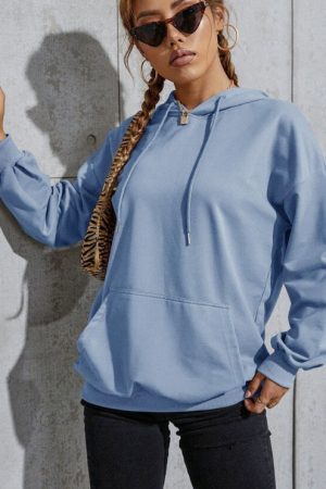 Solid With Kangaroo Pockets Hoodies Women Autumn W