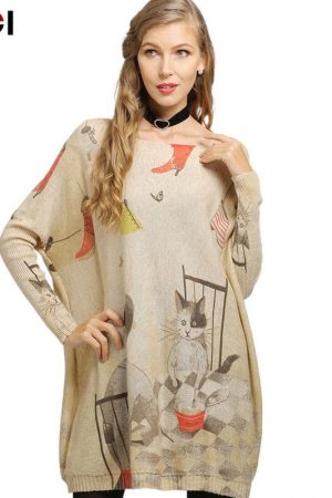 Spring Accompanying Cat Print Women Sweater Dresse