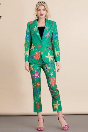 Spring Autumn Blazer Two Piece Set Women's Print S