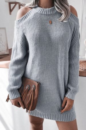 Spring Autumn Off Shoulder Knitted Sweater Dress H