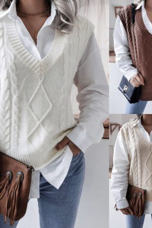 Spring Autumn Sweater Vest Women's Solid Knitted V
