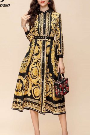 Spring Dress Women's Turn-Down Collar Belted Singl