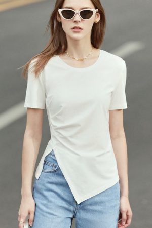 Spring Summer Tshirt For Women Oneck Solid Asymmet