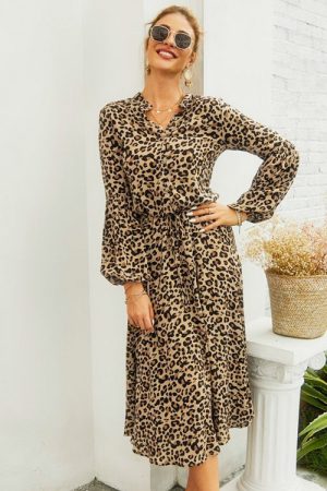 Spring V-Neck Belt Leopard Print Lantern Sleeve Ca