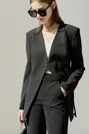 Spring V-Neck Suits For Women Sashes Slim Solid St