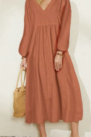 Spring Women Cotton Loose Lantern Sleeve Dress Hol
