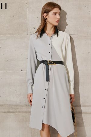 Spring Women's Dress Causal Lapel Aline Loose Patc