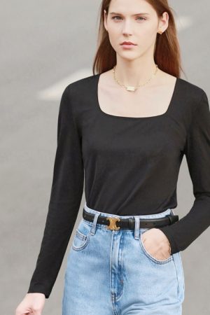 Spring Women's Tops Square Collar Retro Knitted T-