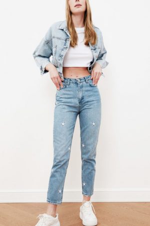 Star Embroidery Embroidered High Bel Mom Jeans Two