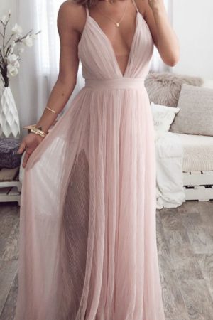 Strap Striped Mesh Lace Split Women Dress Deep V N
