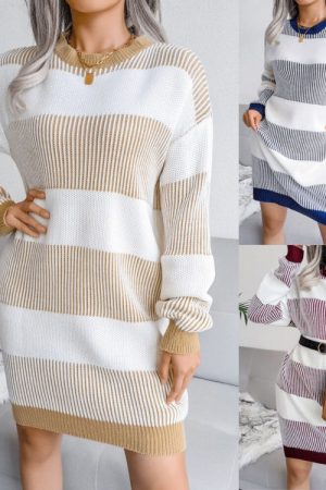 Striped Crew Neck Pullover Sweater Women Autumn Wi