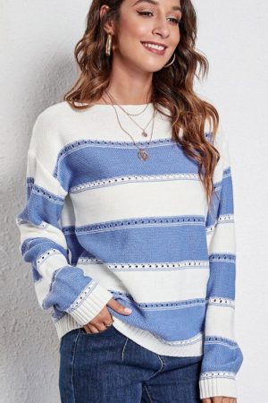 Striped Hollow Out Sweater Women Slash Neck Drop-S