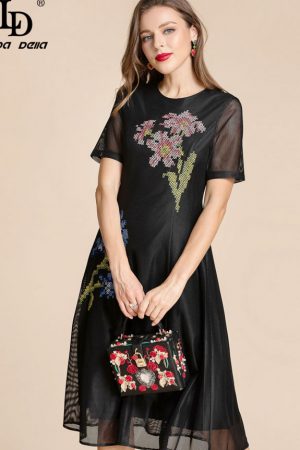 Summer Black Dress Women's O-Neck Short Sleeve Flo