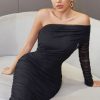 Summer Black Mesh Women Dress One Shoulder Long Sl
