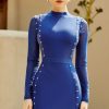 Summer Blue Beading Bodycon Long Sleeve Lace Mini