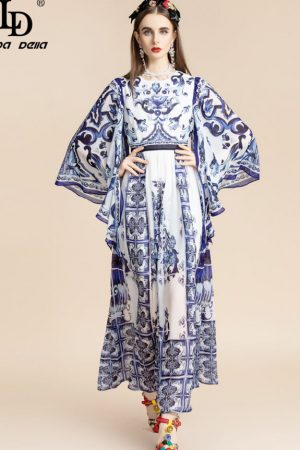 Summer Dress Women Batwing Sleeve Blue And White P