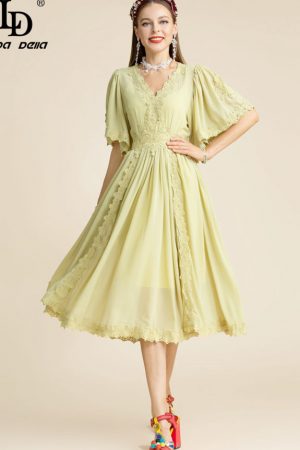 Summer Dress Women V-Neck Flare Sleeve Embroidered