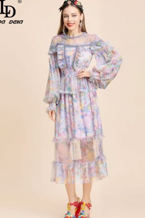 Summer Dress Women's Lantern Sleeve Elastic Mesh F