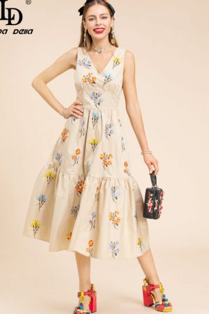 Summer Dress Women's V Neck High Waist Flower Embr