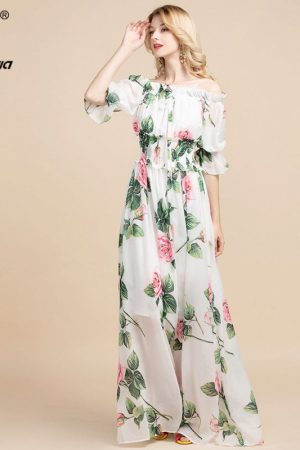 Summer Fashion Boho Maxi Dress Women's Elastic Wai