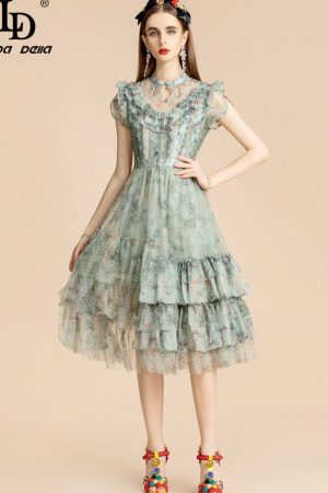 Summer Fashion Runway Midi Dress Women's Stand Col