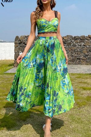 Summer Floral Sequin Skirt Dress Green Set Backles
