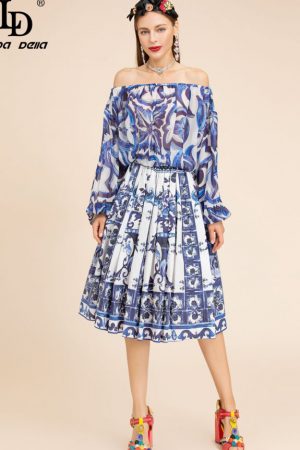 Summer Holiday Skirts Set Women Silk Lantern Sleev