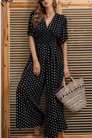 Summer Jumpsuit Women Elegant ?Rompers V Neck Dot