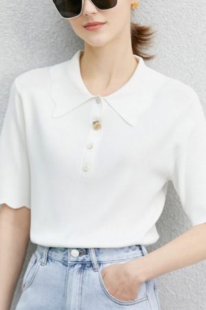 Summer Knitted T-Shirts For Women Fashion Solid Lo