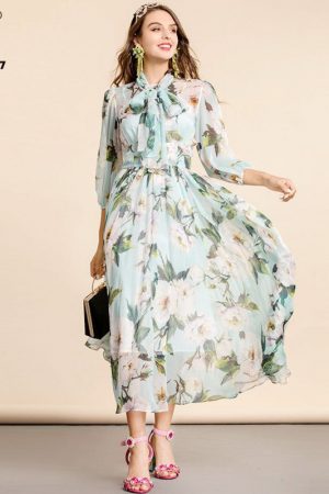 Summer Long Floral Vacation Dress Women Elegant Bo