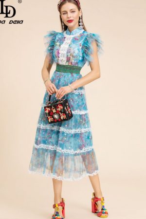 Summer Mesh Dress Women's Butterfly Sleeve Lace El