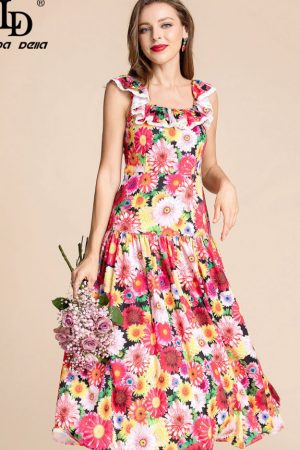 Summer Midi Dress Women Spaghetti Strap Ruffles Fl