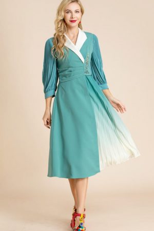 Summer Midi Dress Women's Pleated Lantern Sleeve H